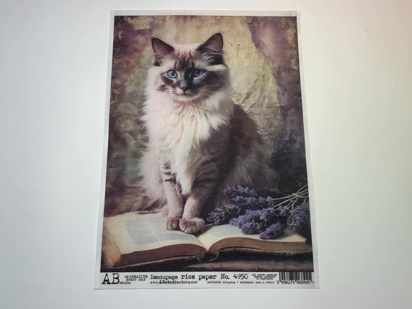 A 13 second video showing a close-up and backside of AB Studio's Lavender Kitten on a Book A4 rice decoupage paper is against a white background.