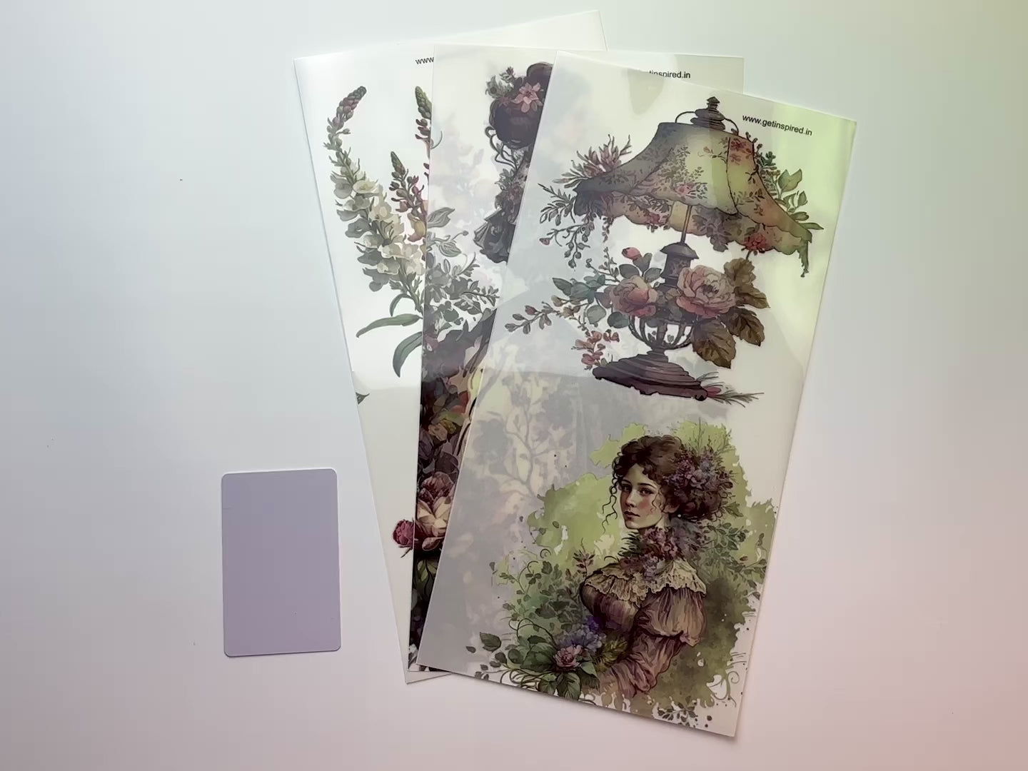 A 15 second video shows a close-up and backside of 3 sheets of Dadarkar Art's Get Inspired Victorian Treasures rub-on transfers against a white background.