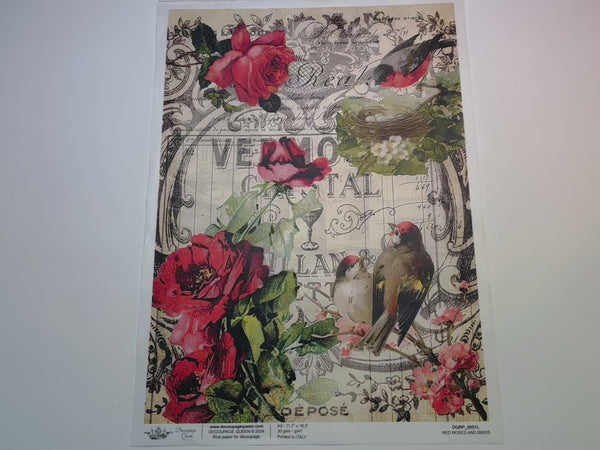 A 14 second video shows a close-up and backside of Decoupage Queen's Red Roses and Birds A3 rice paper.