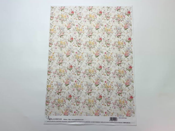 A 13 second video shows a close-up and backside of Calambour Italy's Floral Bouquets Pattern A3 rice paper against a white background.