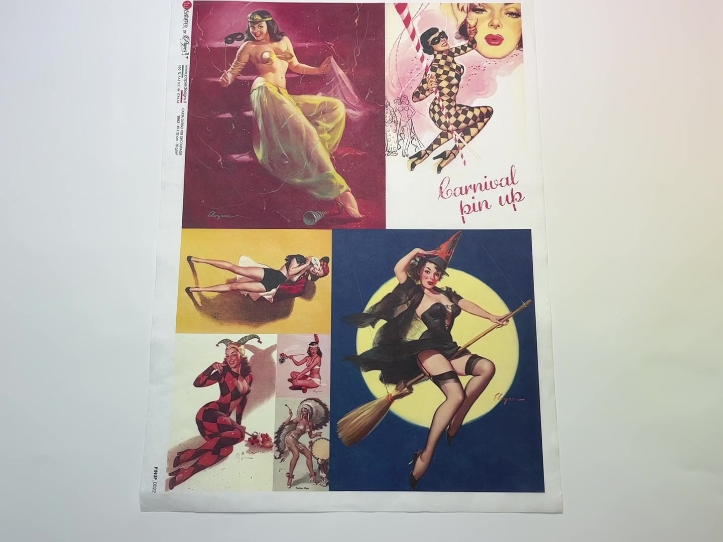 A 14 second video shows a close-up and backside of Paper Designs Italy's Halloween Pinup Collection A3 rice paper against a white background.