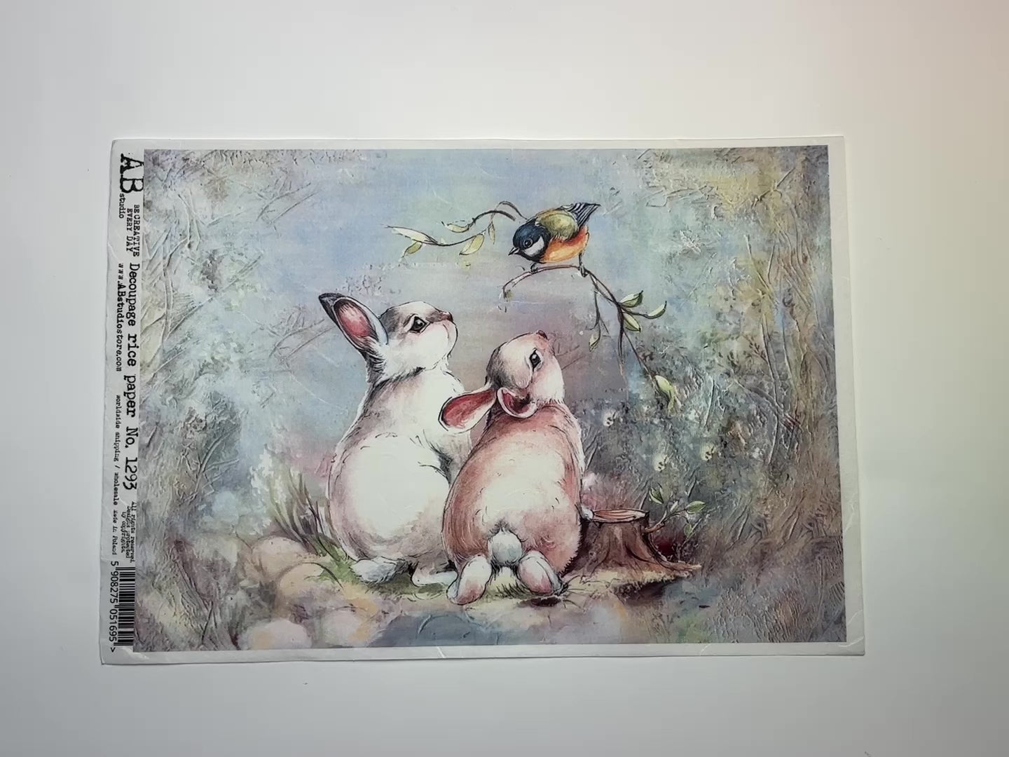 Two Bunnies and a Bird A4 Rice Decoupage Paper-3