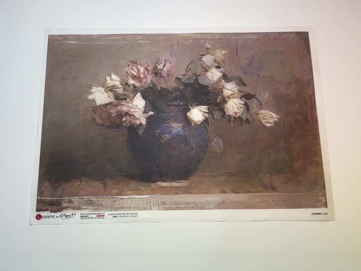 A 14 second video of a close-up and backside of Decoupage Queen's Vase of Flowers Painting A3 rice paper is against a white background.
