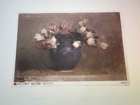 A 14 second video of a close-up and backside of Decoupage Queen's Vase of Flowers Painting A3 rice paper is against a white background.
