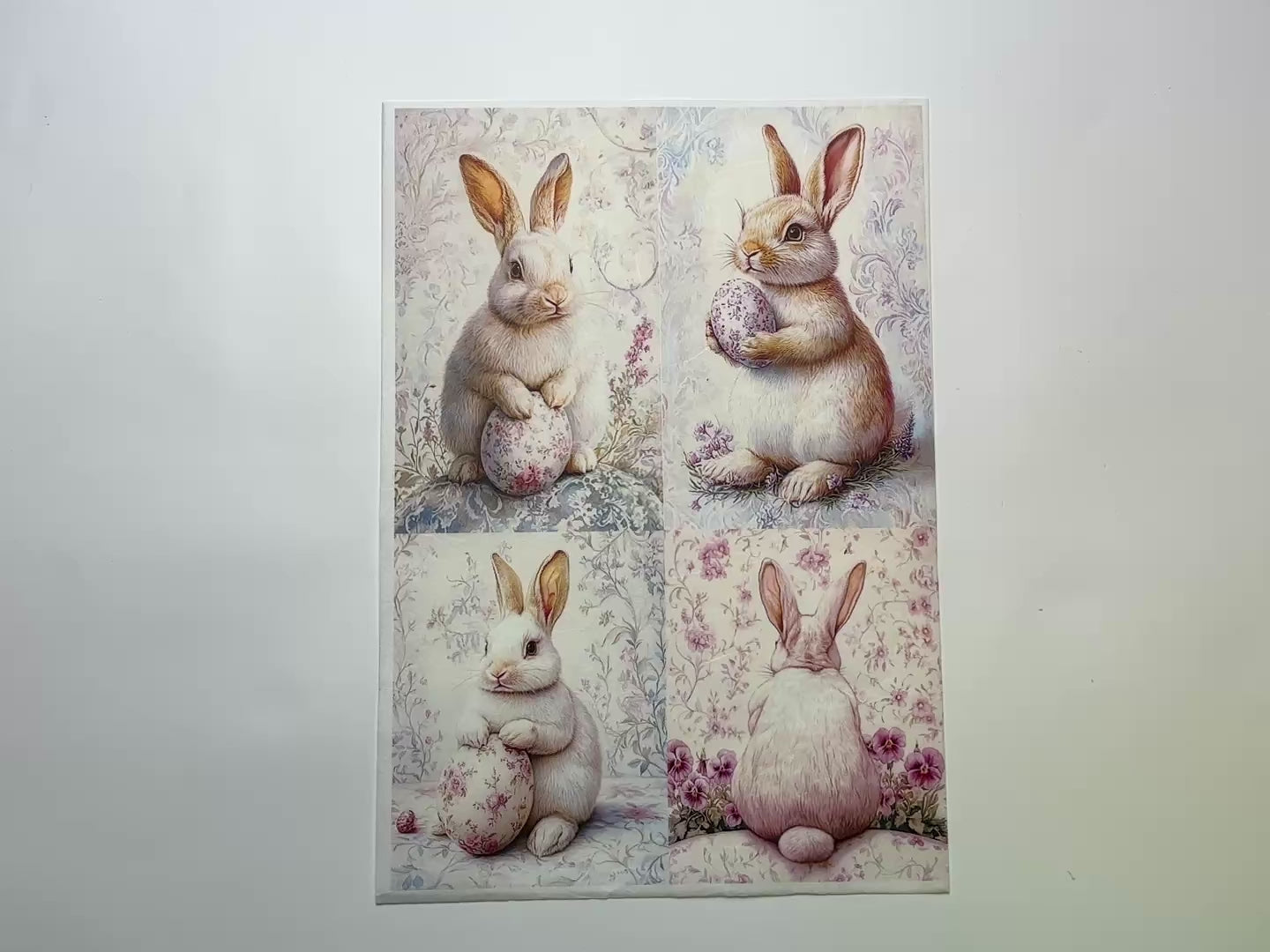 A 15 second video shows a close-up and backside of LaBlanche's Floral Easter Bunnies A4 rice paper against a white background.