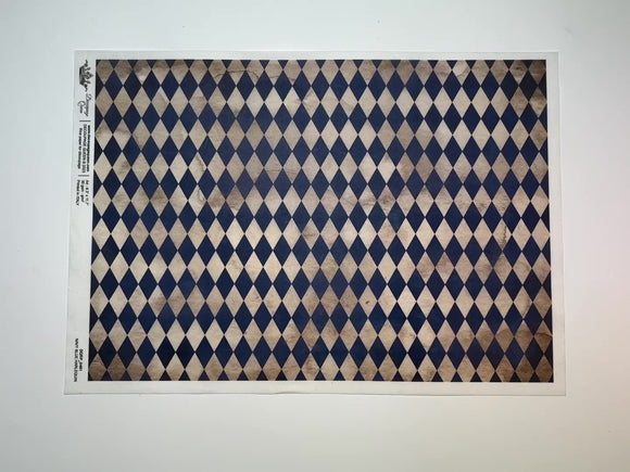 A 13 second video shows a close-up and backside of Decoupage Queen's Navy Blue Harlequin rice paper against a white background.