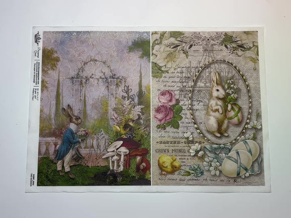 A 12 second video of a close-up and backside of Decoupage Queen's Two Bunnies A4 rice paper is against a white background.