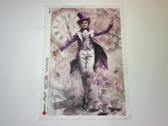 A 14 second video of a close-up and backside of Paper Designs Italy's The Mad Hatter Tales A4 rice paper is against a white background.