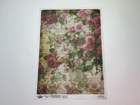 A 12 second video of a close-up and backside of Decoupage Queen's Splash of Roses A4 rice paper is against a white background.