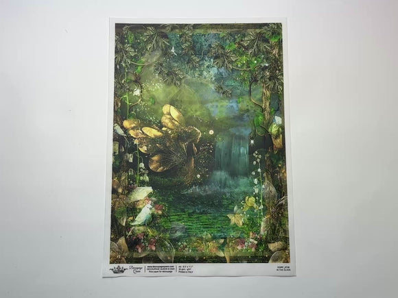 A 15 second video shows a close-up and backside of Decoupage Queen's In the Glade A4 rice paper against a white background.