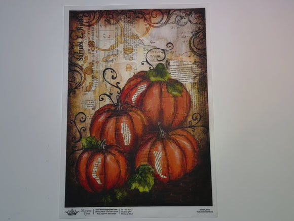 A 15 second video shows a close-up and backside of Decoupage Queen's Painted Pumpkins A4 rice paper.