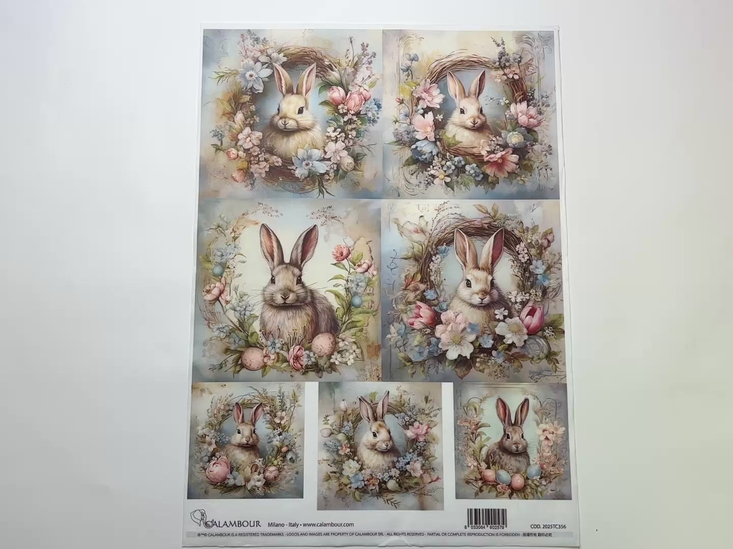 Wreath Framed Bunny Portraits A3 Rice Decoupage Paper - 0