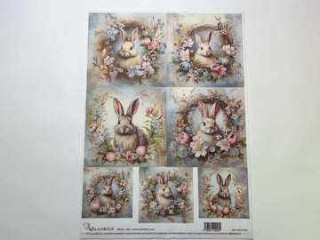 A 14 second video shows a close-up and backside of Calambour Italy's Wreath Framed Bunny Portraits A3 rice paper against a white background.