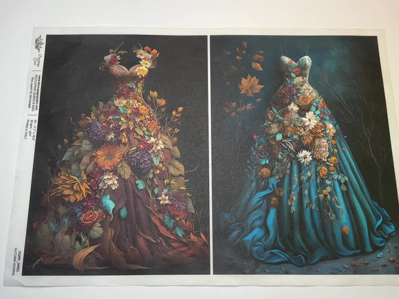 A 14 second video of a close-up and backside of Decoupage Queen's Autumn Gowns A3 rice paper is against a white background.
