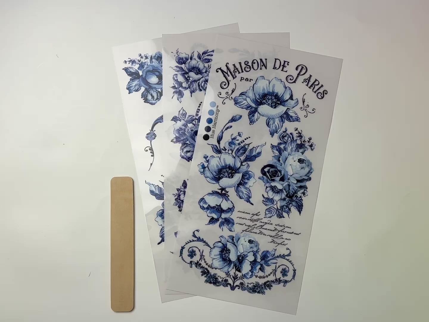 A 14 second video shows a close-up and backside of 3 sheets of ReDesign with Prima's Spring Serenade small rub-on transfers against a white background.