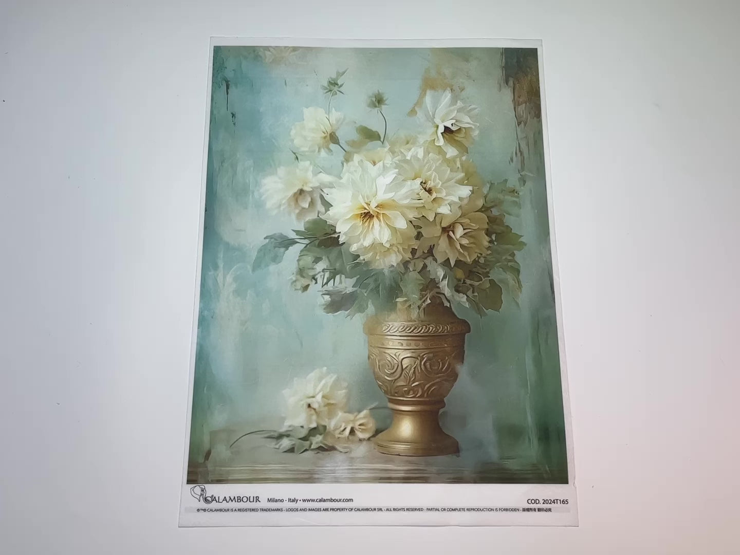 A 14 second video shows a close-up and backside of Calambour Italy's Dreamscape Potted Florals rice paper against a white background.