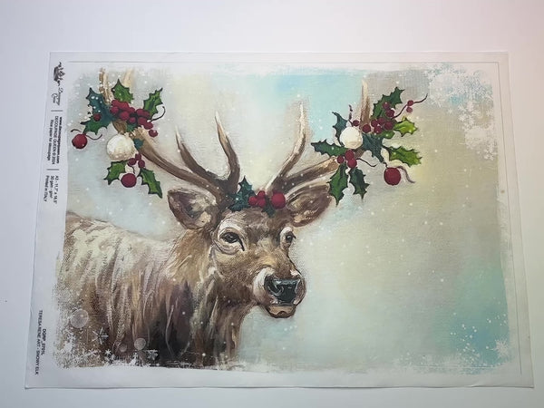 A 14 second video shows a close-up and backside of Decoupage Queen's Snowy Elk A3 rice paper against a white background.