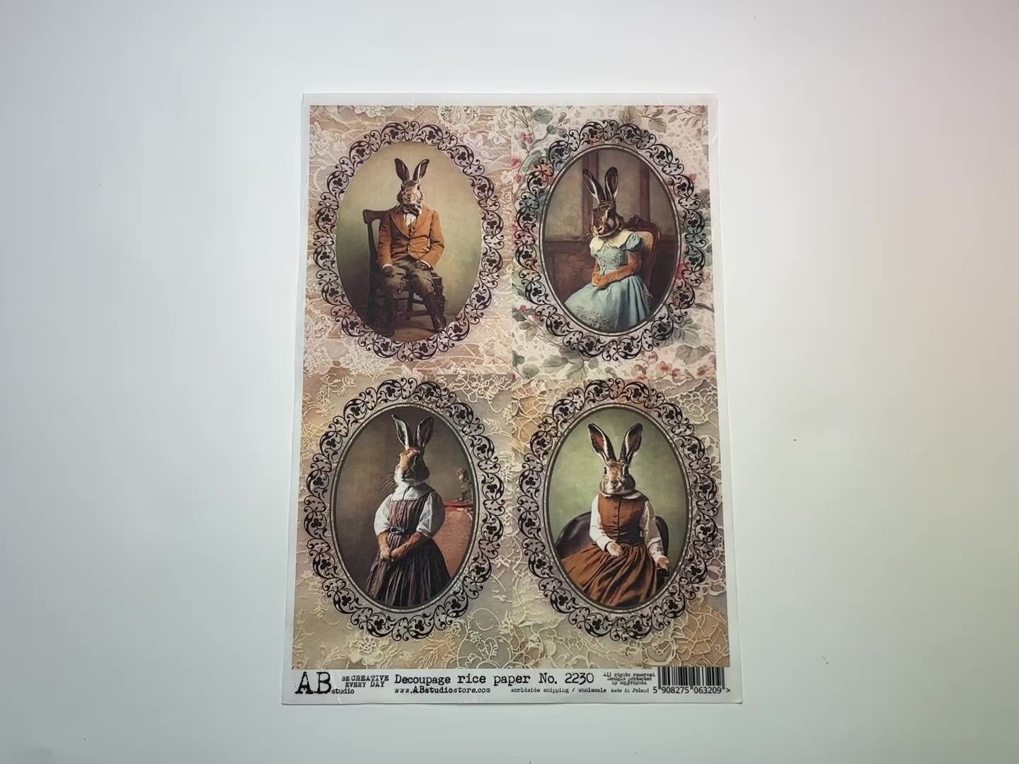 A 14 second video shows a close-up and backside of AB Studio's Four Sophisticated Bunny Portraits A4 rice paper against a white background.