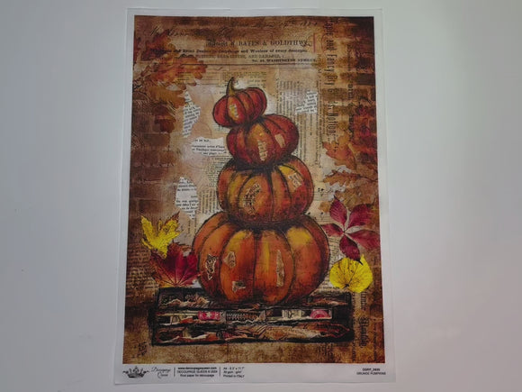 A 14 second video shows a close-up and backside of Decoupage Queen's Grunge Pumpkins A4 rice paper.