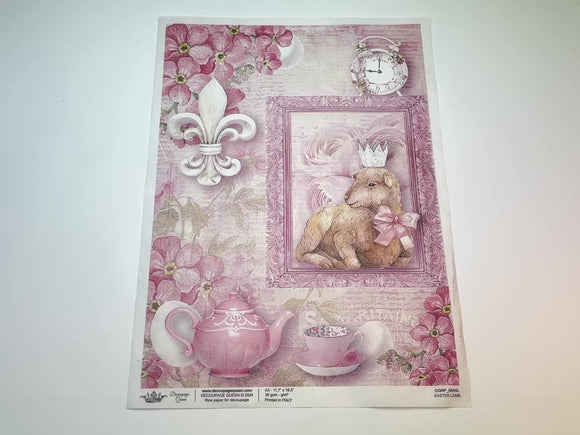 A 13 second video of a close-up and backside of Decoupage Queen's Easter Lamb A3 rice paper is against a white background.