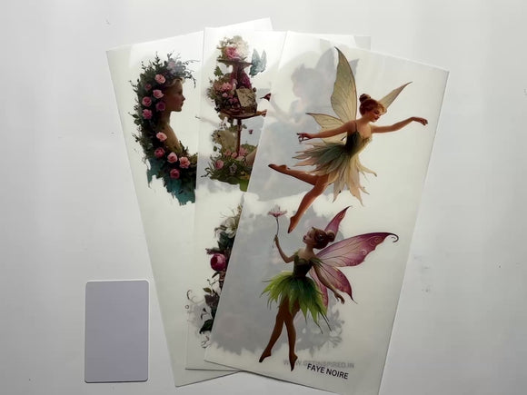 A 15 second video shows a close-up and backside of 3 sheets of Dadarkar Art Faye Noire rub-on transfers against a white background.