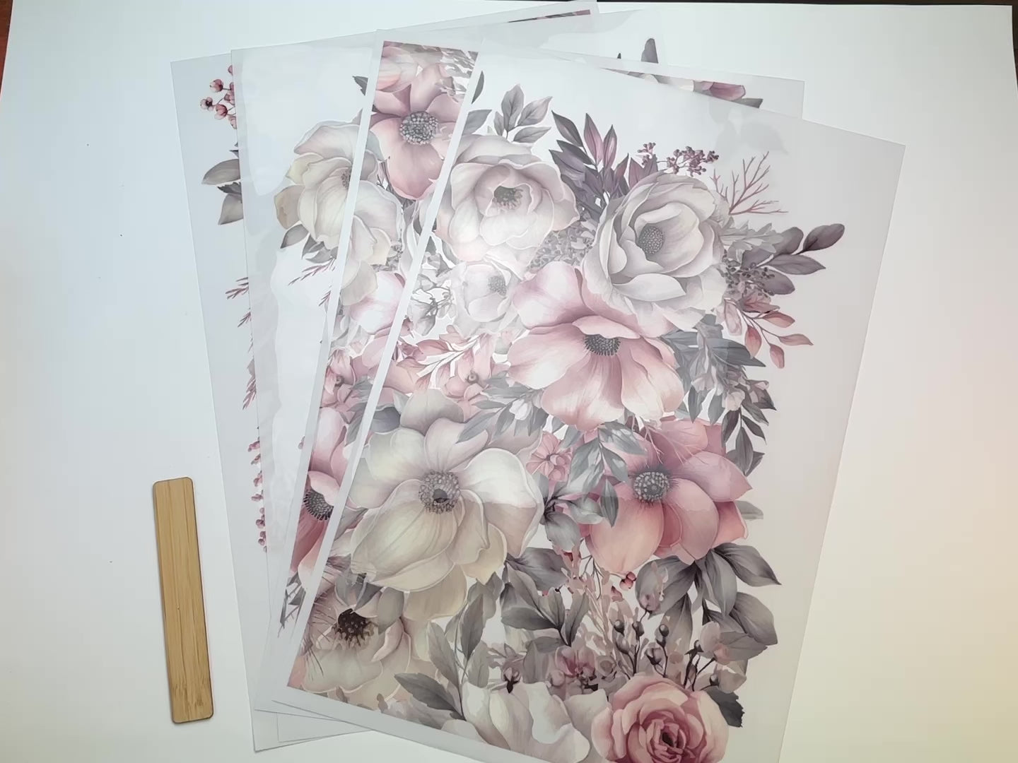 A 15 second video shows a close-up of 4 sheets of Belles & Whistles' Soft Wintery Floral rub-on transfer.