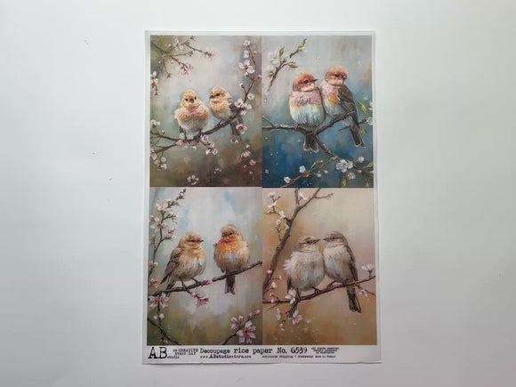 A 14 second video shows a close-up and backside of AB Studio's Warm Spring Birds A4 rice paper against a white background.