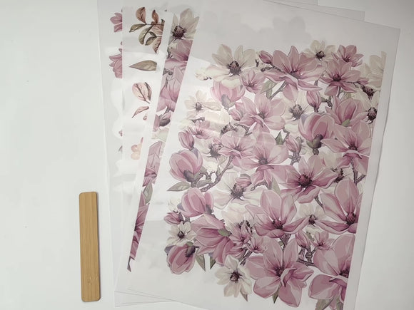 A 14 second video shows a close-up of 4 sheets of Belles & Whistles' Magnificent Magnolias rub-on transfer are against a white background.