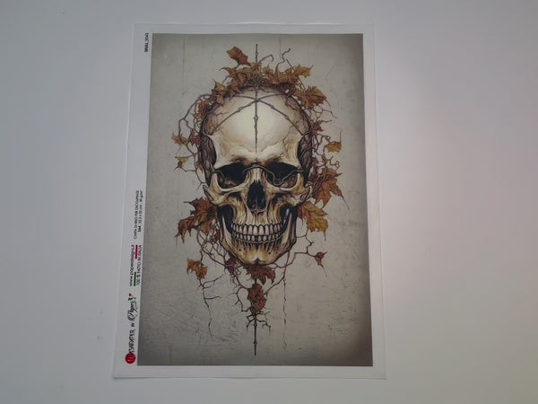 A 14 second video shows a close-up and backside of Paper Designs Italy's Skull Covered in Leaves A4 rice paper.