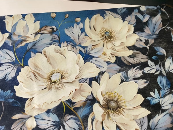 A 14 second video shows a hand rubbing over and lifting ReDesign with Prima's Cerulean Blooms 1 tissue paper.