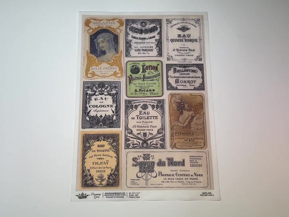 A 13 second video shows a close-up and backside of Decoupage Queen's Perfume Labels rice paper against a white background.