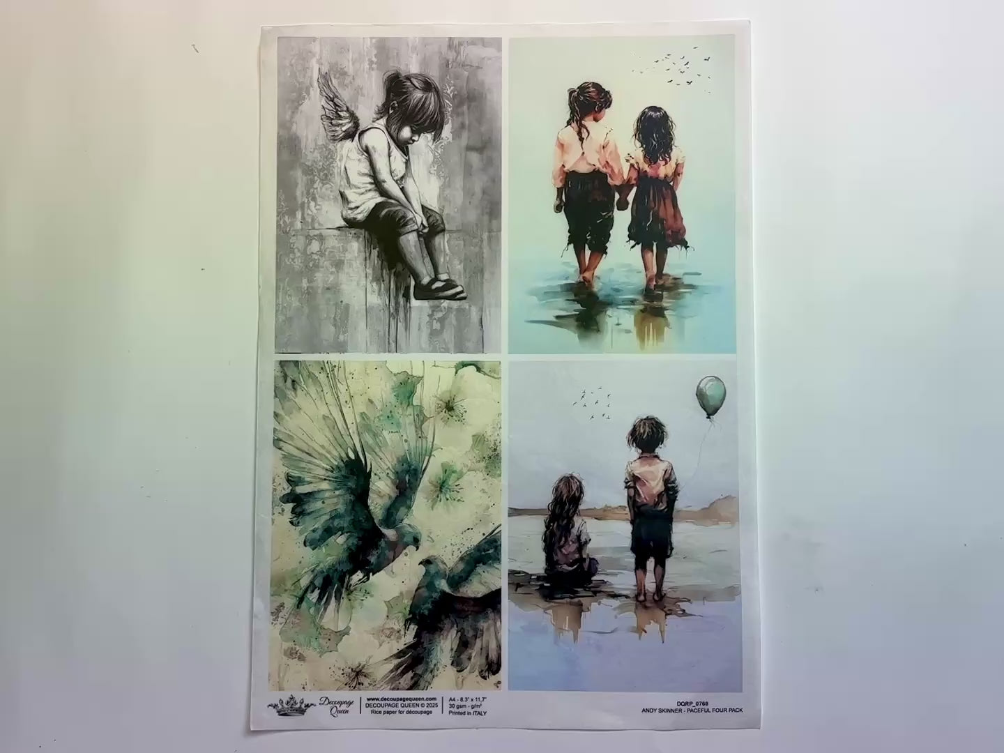 A 14 second video shows a close-up and backside of Decoupage Queen's Andy Skinner Four Peaceful Scenes A4 rice paper against a white background.
