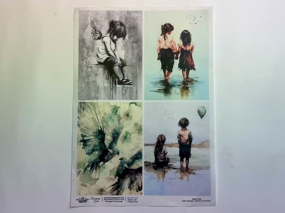 A 14 second video shows a close-up and backside of Decoupage Queen's Andy Skinner Four Peaceful Scenes A4 rice paper against a white background.