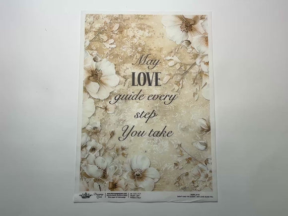 A 14 second video shows a close-up and backside of Decoupage Queen's May Love Guide You A4 rice paper against a white background.