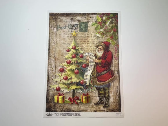 A 15 second video shows a close-up and backside of Decoupage Queen's Santa's List A4 rice paper against a white background.