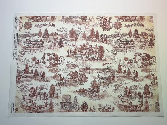 A 15 second video shows a close-up and backside of Decoupage Queen's Christmas Toile A3 rice paper against a white background.