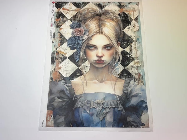 A 14 second video of a close-up and backside of Decoupage Queen's Dark Alice Tales A3 rice paper is against a white background.
