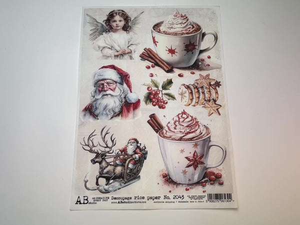 A 14 second video showing a close-up and backside of AB Studio's Peppermint Cocoa A4 rice decoupage paper is against a white background.