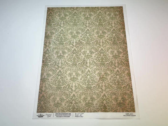 A 13 second video of a close-up and backside of Decoupage Queen's Wallpaper Damask A3 rice paper is against a white background.
