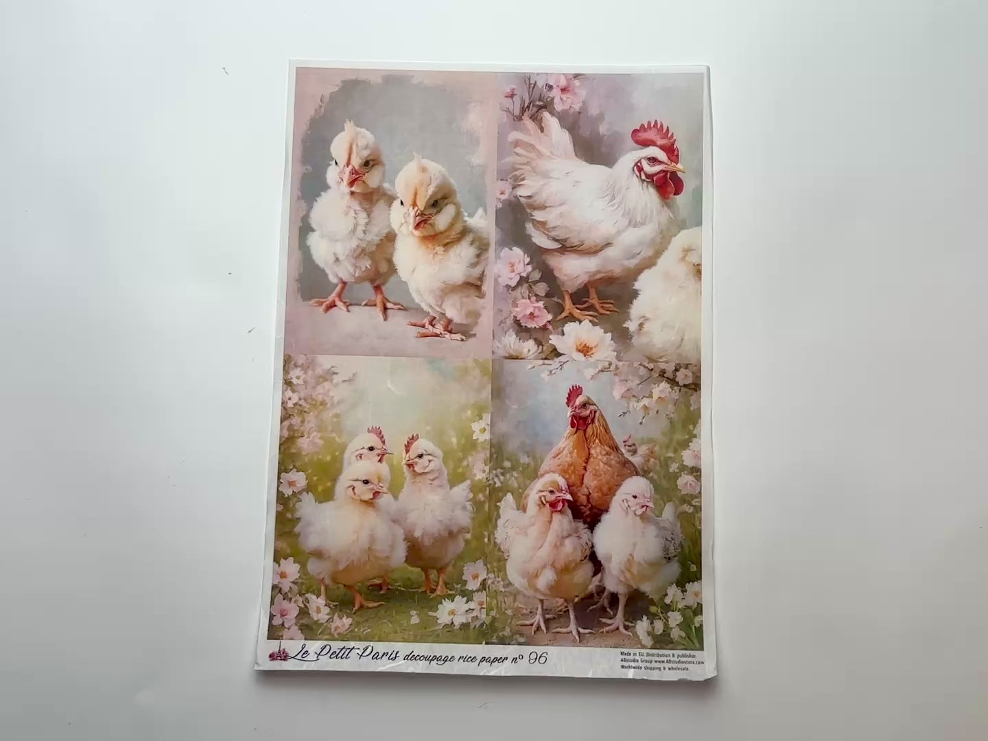 A 14 second video shows a close-up and backside of AB Studio's Four Chicks and Hens Scenes A4 rice paper against a white background.