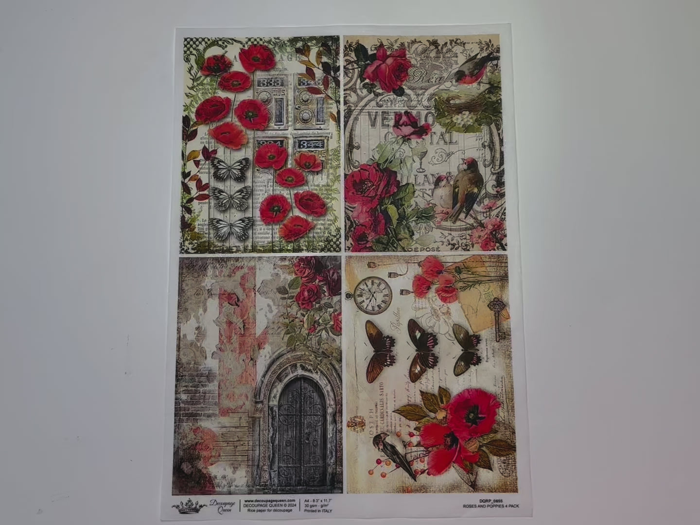 A 15 second video shows a close-up and backside of Decoupage Queen's Roses and Poppies A4 rice paper.