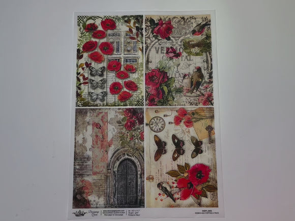 A 15 second video shows a close-up and backside of Decoupage Queen's Roses and Poppies A4 rice paper.