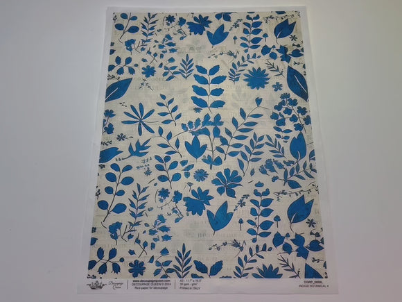 A 14 second video shows a close-up and backside of Decoupage Queen's Indigo Botanical 4 A3 rice paper.