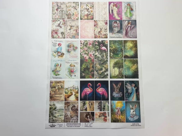 A 15 second video shows a close-up and backside of Decoupage Queen's Spring 2025 Minis A3 rice paper against a white background.