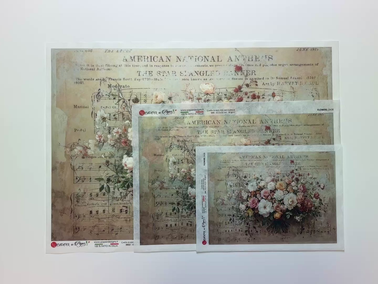 Paper Designs Italy - Romantic Roses & Notes Decoupage Paper (A5, A4, A3 Sizes)-3