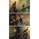 Tissue paper that features 5 designs of birds perched on branches against dark rustic backgrounds. White borders are on the sides.