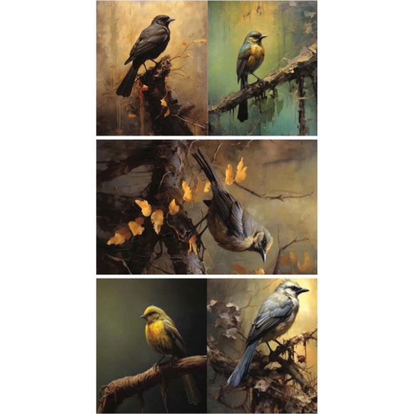 Tissue paper that features 5 designs of birds perched on branches against dark rustic backgrounds. White borders are on the sides.