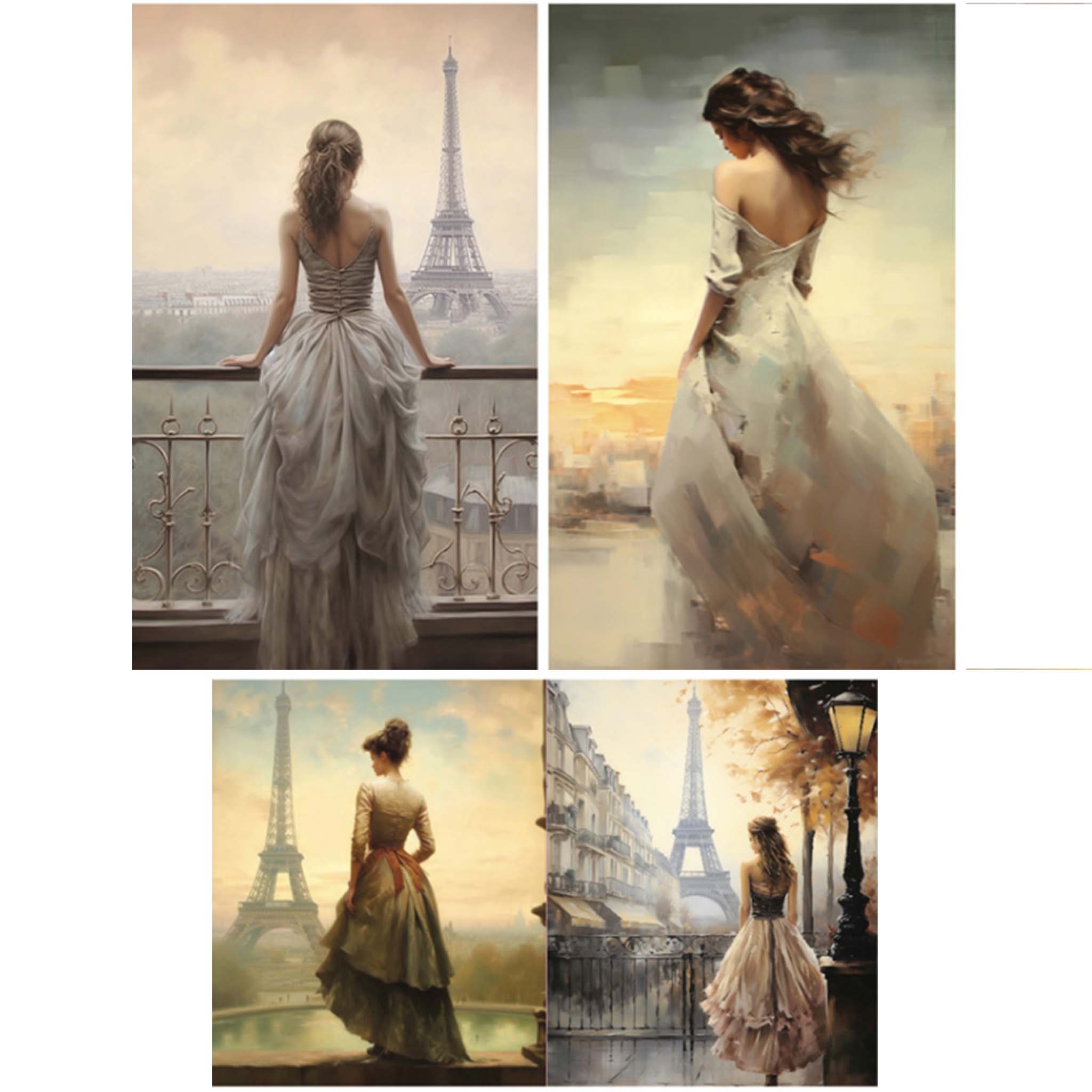 Tissue paper design that has 3 sheets feature four romantic brides in stunning gowns against the backdrop of the Eiffel Tower. White borders are on the sides.