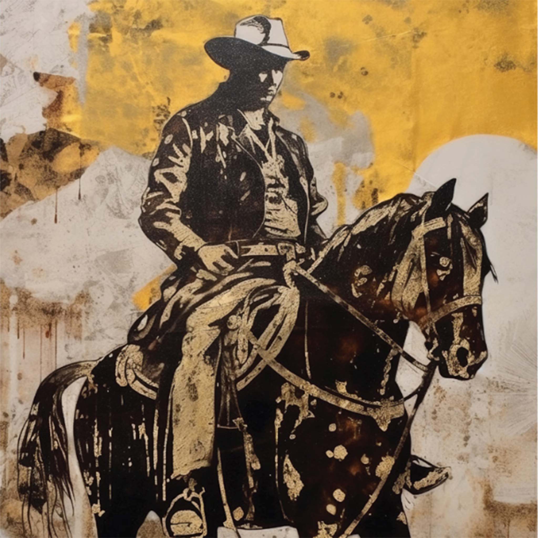 Close-up of an A1 fiber paper design featuring a distressed yellow and sepia background and a cowboy astride a horse.