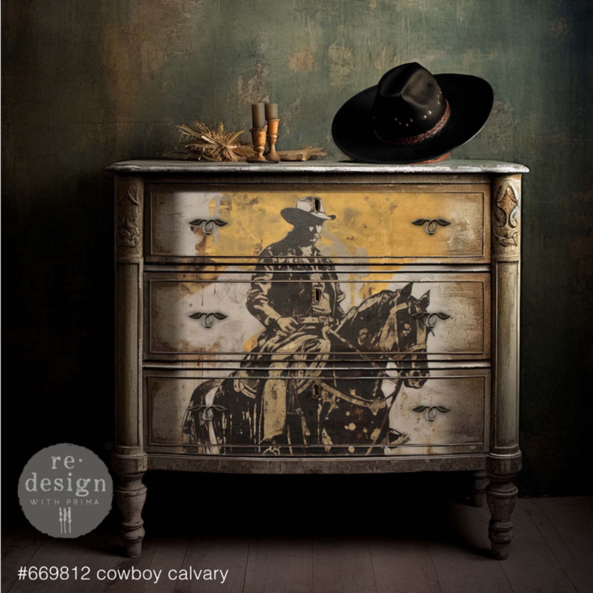 A vintage 3-drawer dresser features ReDesign with Prima's Cowboy Cavalry A1 fiber paper on the drawers.